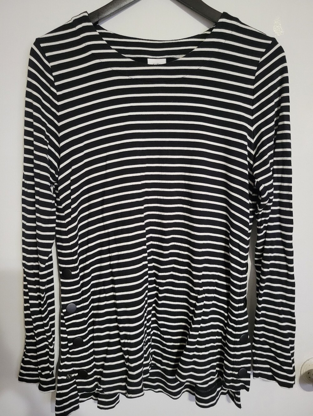 Cabi Women's Size Medium Side Snap Tee Black White Sailor Stripe Tunic Top